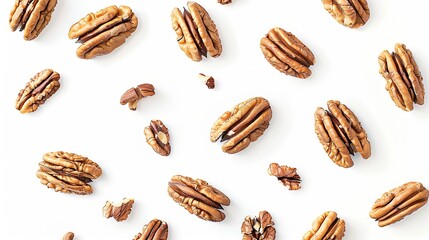 Wall Mural - Pecans isolated on white background Nuts scattered Top view Horizontal layout  Package design element with clipping path : Generative AI