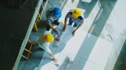 Poster - Team of young man and woman engineers and architects meetingworking discussingplaningdesigning measuring layout of building blueprints in construction site floor at factorytop view cop : Generative AI