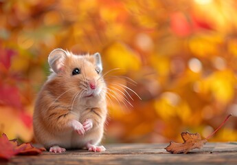 Adorable Mouse Sitting in Autumn Leaves, Looking Forward