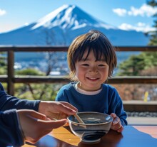 Happy Boy With Bowl, Mount Fuji In The Background