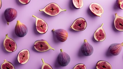 Wall Mural - Colorful fruit pattern of fresh figs on purple pastel background top view flat lay : Generative AI