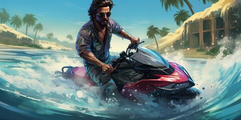 Wall Mural - Jetski colorful comic book style artwork