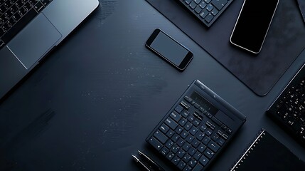 Leinwandbilder - Workplace in office with black desk Top view from above of keyboard with notebook and phone Space for modern creative work of designer Flat lay with blank copy space Business and finan : Generative AI