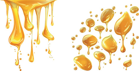  Vector realistic mockup of liquid gold drips of organic cosmetic or food oil, top view of clear yellow puddles