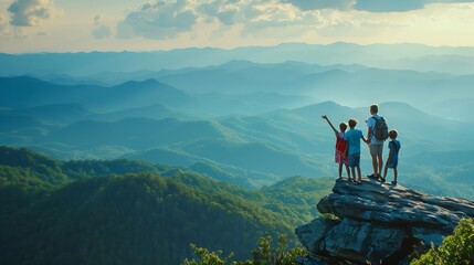 family hiking on vacation standing with arms around on top of the mountain looking at beautiful summ