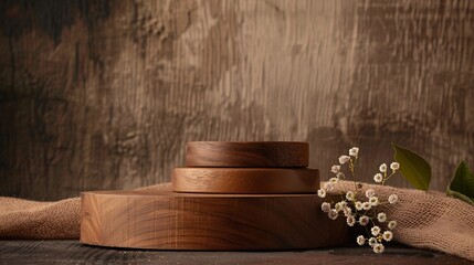 Rustic wood podium display for food perfume jewellery and cosmetic products on dark brown background Front view : Generative AI