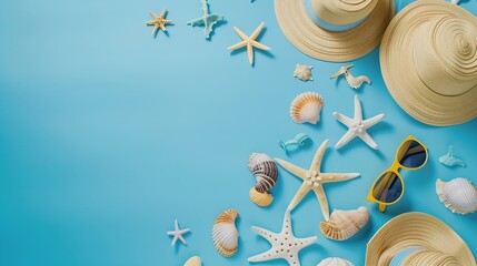 Wall Mural - High angle view of summer vacations beach accessories on blue background with copy space top view : Generative AI