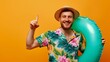 © Generative AI - Young smiling tourist man 20s wear beach shirt hat hold inflatable ring point index finger camera on you isolated on plain orange background studio portrait Summer vacation sea rest su : Generative AI