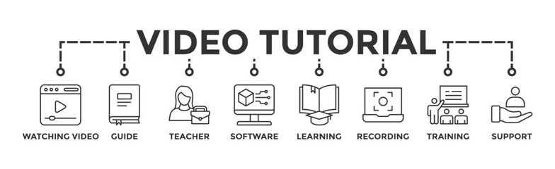 Wall Mural - Video tutorial banner web icon vector illustration concept with icon of watching video, guide, teacher, software, learning, screen recording, online training, support