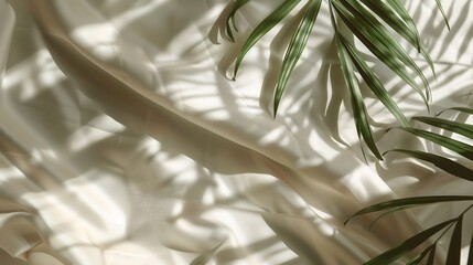 Aufkleber - Minimalist aesthetic natural background with tropical palm leaves sunlight shadow on a neutral beige textile copy space : Generative AI