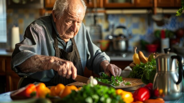 An elderly chef slicing vegetables with precision, surrounded by vibrant colors of fresh produce on the kitchen counter The close framing captures the wisdom in their culinary craft