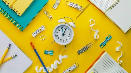 Poster - Back to school concept Top view photo of school supplies alarm clock colorful notebooks pencilcase pens binder clips and adhesive tape on bicolor yellow and white background : Generative AI