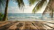 © Generative AI - Wooden table top for product placement in front of beautiful tropical beach : Generative AI