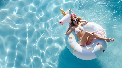 Beautiful woman on unicorn pool float in pool Summer holidays Aerial top view from drone : Generative AI