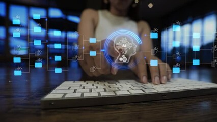 Wall Mural - ai futuristic holographic interface of a file manager, folder structure with documents and data scan