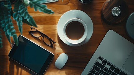 Leinwandbilder - Top view of office work space wooden desk table with laptop notebookkeyboardeyeglassesphone and cup of coffeeWith a copy space flat layMock up : Generative AI