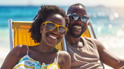 Wall Mural - Happy african american couple in sunglasses sitting in deckchairs smiling on sunny beach Summer romance relaxation togetherness and vacation unaltered : Generative AI