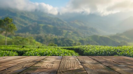 Wall Mural - Wooden table top on blur green tea mountain and grass fieldFresh and Relax conceptFor montage product display or design key visual layoutView of copy space : Generative AI