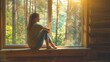 © Generative AI - Young woman resting at beautiful country house or hotel sitting on the window sill enjoying beautiful view on pine forest Concept of solitude and recreation on nature : Generative AI