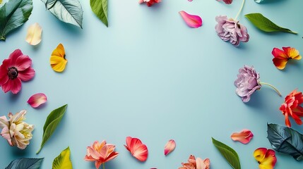 Wall Mural - Creative layout with colorful flowers leaves and copy space card note Nature concept Flat lay : Generative AI