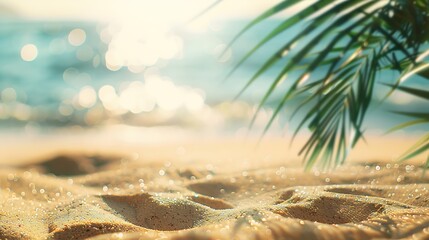 Wall Mural - Beautiful background for summer vacation and travel Golden sand of tropical beach blurry palm leaves and bokeh highlights on water on sunny day : Generative AI