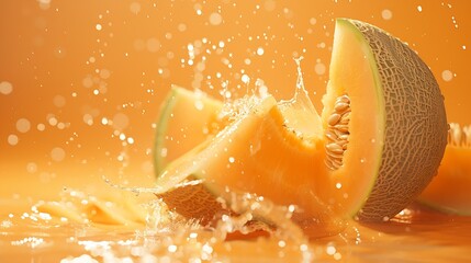 Poster - Creative layout made from whole and slice of orange japanese melons or cantaloupe melon and water Splashing on a orange background : Generative AI