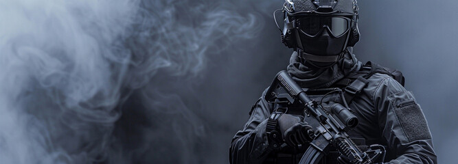 Wall Mural - A soldier holding a gun and wearing full suit armor in the background, smoke, cool