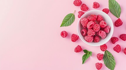 Wall Mural - Banner Fresh raspberries in white bowl and green leaves on pastel pink background Flat lay top view copy space : Generative AI