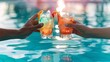 © Generative AI - Young hot couple resting at swimpool Picture of mans and womans hands holding cocktails Cool drink with ice inside glass Enjoy summer vacation at swimming pool Resort spa place : Generative AI