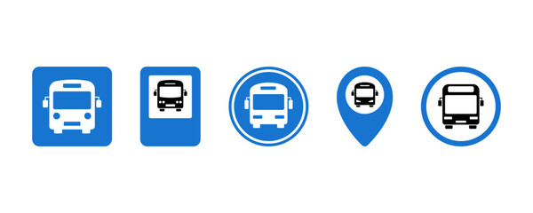 Set of blue bus stations vector icons. Public or urban bus stop.