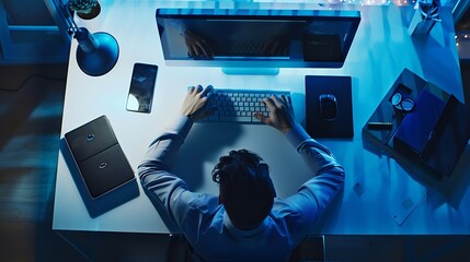 Leinwandbilder - new jobs concept Top view of a businessman using his work computer on a desk : Generative AI