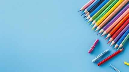 Fototapete - School stationery color pencils paints notepad on blue table Back to school background Kids desk top view : Generative AI