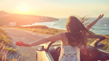 Wall Mural - one young woman enjoying and having fun in their vacations outdoors  female person in freedom concept and lifestyle with a car in the middle of the road woth the ocean or sea at the ba : Generative AI