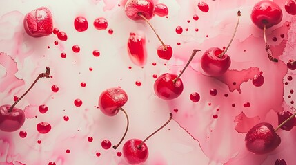 Poster - Creative layout made of cherry on the watercolor background Flat lay Food concept : Generative AI