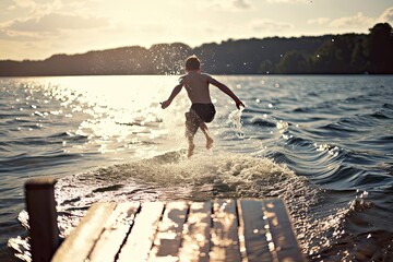 Young man jumping into water, summer relaxation activity