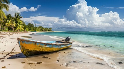 Wall Mural - Exotic coast of the Dominican Republic with beautiful beach with moored fishing boat AI generated