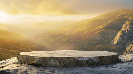 Wall Mural - Stone podium table top with outdoor mountains golden color scene nature landscape at sunrise blur backgroundNatural beauty cosmetic or healthy product placement presentation pedestal d : Generative AI