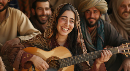 Canvas Print - A beautiful woman in an Arabian dress plays the guitar and smiles while sitting with other people