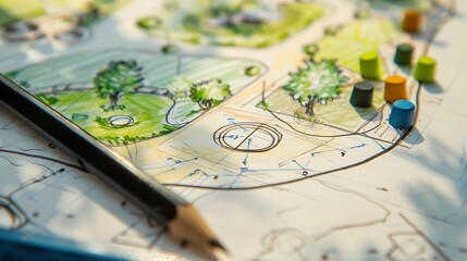 layout plan of home landscape design or garden design or landscape architecture rough sketching by hand with black pencil and circle template ruler on white paper selective focus : Generative AI