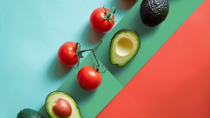 Wall Mural - Creative layout made of tomato and avocado Flat lay Food concept : Generative AI