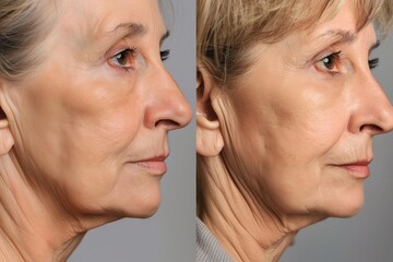 Wall Mural - A mature woman face before and after a facelift procedure highlighting the smoothness and youthfulness achieved