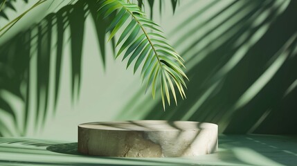Poster - Minimal modern product display podium on reach green background with palm leaves natural wood and granit stone and shadow overlay : Generative AI