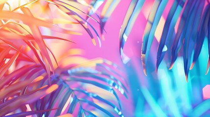 Wall Mural - Tropical and palm leaves in vibrant bold gradient holographic neon  colors Concept art Minimal surrealism summer background : Generative AI