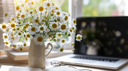 Aufkleber - Aesthetic home office desk workspace Blank screen laptop computer with copy space Daisy flowers bouquet in vase on table Influencer lifestyle blog : Generative AI