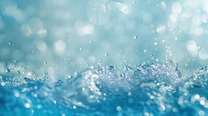 Poster - Defocused blurred transparent blue colored clear calm water surface texture with splashes and bubbles Trendy abstract nature background Water waves in sunlight with copy space : Generative AI