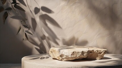 Aufkleber - Luxury Natural Rough Rock stone Podium with plant shadow on Gray wall for product placement display  template for Skin care or cosmetics scene platform : Generative AI