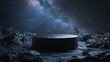 Black pumice podium on a backdrop of a starlit night sky, suitable for showcasing products in an otherworldly, cosmic setting