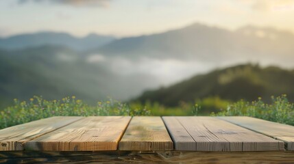 Poster - Wood table top stand with blur mountain landscape view background in spring Food product display with nature concept backdrop : Generative AI