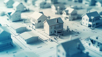 Aufkleber - architectural model of houses on blueprint draw isolated on white background banner layout with copy space for building construction plan or real estate sale Image usable for concept o : Generative AI