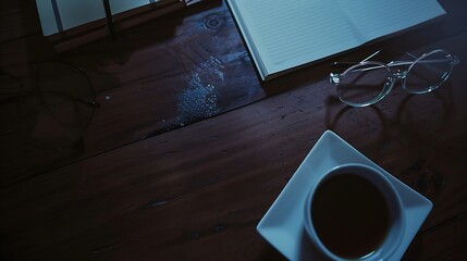 Poster - Top view notebooks coffee cup and glasses on wooden table : Generative AI